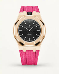 Pink textile-effect strap for AP x Swatch Royal Pop Ocho Negro, rose gold case (crown at 12 o'clock)
