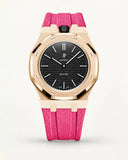 Pink textile-effect strap for AP x Swatch Royal Pop Ocho Negro, rose gold case (crown at 12 o'clock)