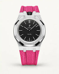 Pink textile-effect strap for AP x Swatch Royal Pop Ocho Negro, silver case (crown at 12 o'clock)