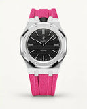 Pink textile-effect strap for AP x Swatch Royal Pop Ocho Negro, silver case (crown at 12 o'clock)
