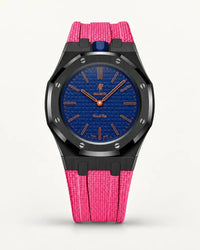 Cinturino effetto tessuto rosa per AP x Swatch Royal Pop Orenji Hachi, cassa nera (corona a ore 12)