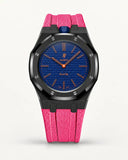 Cinturino effetto tessuto rosa per AP x Swatch Royal Pop Orenji Hachi, cassa nera (corona a ore 12)