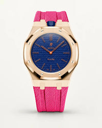 Cinturino effetto tessuto rosa per AP x Swatch Royal Pop Orenji Hachi, cassa oro rosa (corona a ore 12)