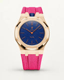 Cinturino effetto tessuto rosa per AP x Swatch Royal Pop Orenji Hachi, cassa oro rosa (corona a ore 12)
