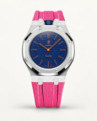 Cinturino effetto tessuto rosa per AP x Swatch Royal Pop Orenji Hachi, cassa argento (corona a ore 12)