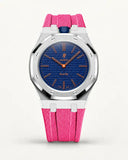 Cinturino effetto tessuto rosa per AP x Swatch Royal Pop Orenji Hachi, cassa argento (corona a ore 12)