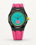 Pink textile-effect strap for AP x Swatch Royal Pop Otg Roz, black case (crown at 3 o'clock)