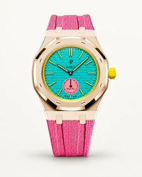 Pink textile-effect strap for AP x Swatch Royal Pop Otg Roz, rose gold case (crown at 3 o'clock)