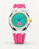 Pink textile-effect strap for AP x Swatch Royal Pop Otg Roz, silver case (crown at 3 o'clock)