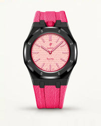 Pink textile-effect strap for AP x Swatch Royal Pop Otto Rosso, black case (crown at 12 o'clock)