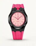 Pink textile-effect strap for AP x Swatch Royal Pop Otto Rosso, black case (crown at 12 o'clock)
