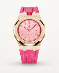 Pink textile-effect strap for AP x Swatch Royal Pop Otto Rosso, rose gold case (crown at 12 o'clock)