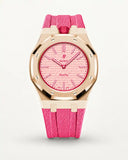 Pink textile-effect strap for AP x Swatch Royal Pop Otto Rosso, rose gold case (crown at 12 o'clock)