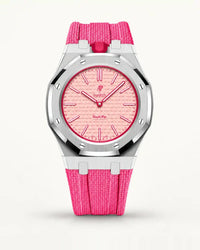 Pink textile-effect strap for AP x Swatch Royal Pop Otto Rosso, silver case (crown at 12 o'clock)