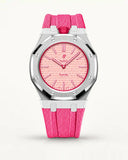 Pink textile-effect strap for AP x Swatch Royal Pop Otto Rosso, silver case (crown at 12 o'clock)