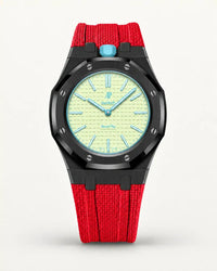 Red textile-effect strap for AP x Swatch Royal Pop Blaue Acht, black case (crown at 12 o'clock)