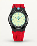 Red textile-effect strap for AP x Swatch Royal Pop Blaue Acht, black case (crown at 12 o'clock)