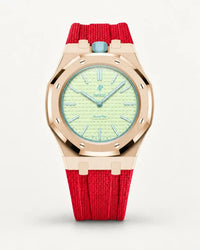 Red textile-effect strap for AP x Swatch Royal Pop Blaue Acht, rose gold case (crown at 12 o'clock)