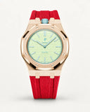 Red textile-effect strap for AP x Swatch Royal Pop Blaue Acht, rose gold case (crown at 12 o'clock)