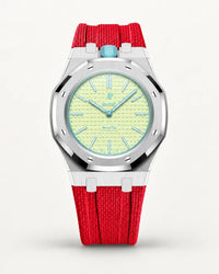 Red textile-effect strap for AP x Swatch Royal Pop Blaue Acht, silver case (crown at 12 o'clock)
