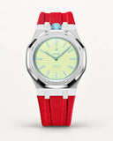 Red textile-effect strap for AP x Swatch Royal Pop Blaue Acht, silver case (crown at 12 o'clock)