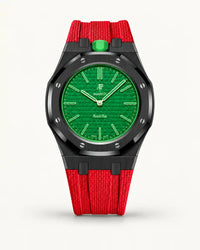 Red textile-effect strap for AP x Swatch Royal Pop Green Eight, black case (crown at 12 o'clock)