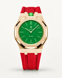 Red textile-effect strap for AP x Swatch Royal Pop Green Eight, rose gold case (crown at 12 o'clock)