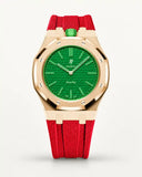 Red textile-effect strap for AP x Swatch Royal Pop Green Eight, rose gold case (crown at 12 o'clock)