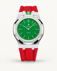 Red textile-effect strap for AP x Swatch Royal Pop Green Eight, silver case (crown at 12 o'clock)