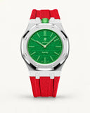 Red textile-effect strap for AP x Swatch Royal Pop Green Eight, silver case (crown at 12 o'clock)