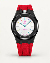 Cinturino effetto tessuto rosso per AP x Swatch Royal Pop Huit Blanc, cassa nera (corona a ore 12)
