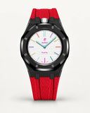 Cinturino effetto tessuto rosso per AP x Swatch Royal Pop Huit Blanc, cassa nera (corona a ore 12)