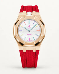 Cinturino effetto tessuto rosso per AP x Swatch Royal Pop Huit Blanc, cassa oro rosa (corona a ore 12)