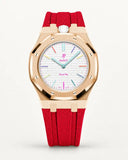 Cinturino effetto tessuto rosso per AP x Swatch Royal Pop Huit Blanc, cassa oro rosa (corona a ore 12)