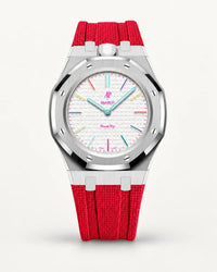 Cinturino effetto tessuto rosso per AP x Swatch Royal Pop Huit Blanc, cassa argento (corona a ore 12)
