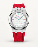 Cinturino effetto tessuto rosso per AP x Swatch Royal Pop Huit Blanc, cassa argento (corona a ore 12)