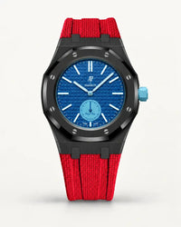 Red textile-effect strap for AP x Swatch Royal Pop Làn Ba, black case (crown at 3 o'clock)