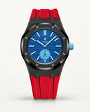 Red textile-effect strap for AP x Swatch Royal Pop Làn Ba, black case (crown at 3 o'clock)