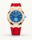 Red textile-effect strap for AP x Swatch Royal Pop Làn Ba, rose gold case (crown at 3 o'clock)