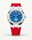 Red textile-effect strap for AP x Swatch Royal Pop Làn Ba, silver case (crown at 3 o'clock)