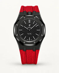 Red textile-effect strap for AP x Swatch Royal Pop Ocho Negro, black case (crown at 12 o'clock)