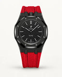 Red textile-effect strap for AP x Swatch Royal Pop Ocho Negro, black case (crown at 12 o'clock)
