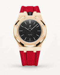 Red textile-effect strap for AP x Swatch Royal Pop Ocho Negro, rose gold case (crown at 12 o'clock)