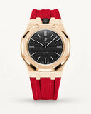 Red textile-effect strap for AP x Swatch Royal Pop Ocho Negro, rose gold case (crown at 12 o'clock)