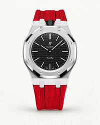 Red textile-effect strap for AP x Swatch Royal Pop Ocho Negro, silver case (crown at 12 o'clock)