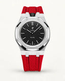 Red textile-effect strap for AP x Swatch Royal Pop Ocho Negro, silver case (crown at 12 o'clock)