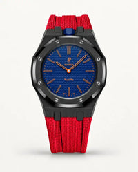 Cinturino effetto tessuto rosso per AP x Swatch Royal Pop Orenji Hachi, cassa nera (corona a ore 12)