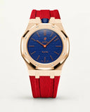 Cinturino effetto tessuto rosso per AP x Swatch Royal Pop Orenji Hachi, cassa oro rosa (corona a ore 12)