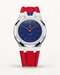 Cinturino effetto tessuto rosso per AP x Swatch Royal Pop Orenji Hachi, cassa argento (corona a ore 12)