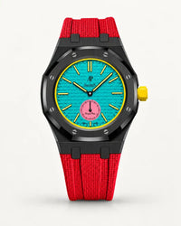 Red textile-effect strap for AP x Swatch Royal Pop Otg Roz, black case (crown at 3 o'clock)